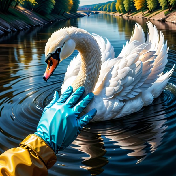 Drawing of a swan in a gloves in the river