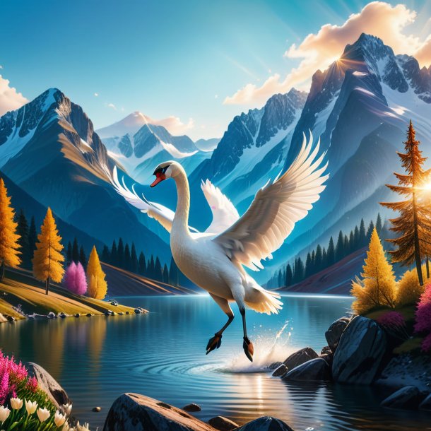 Photo of a jumping of a swan in the mountains