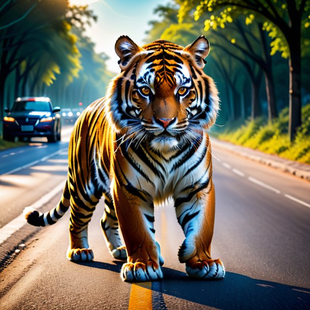 Pic of a tiger in a gloves on the road