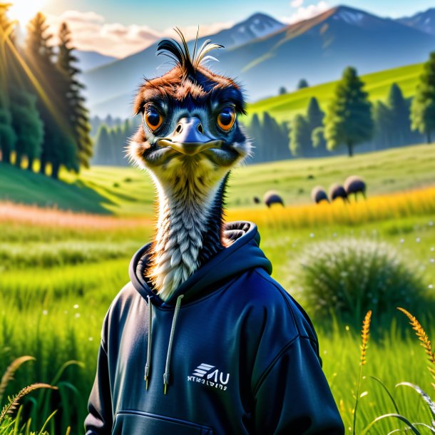 Photo of a emu in a hoodie in the meadow