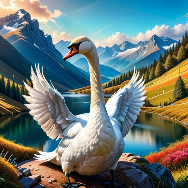 Drawing of a swan in a belt in the mountains