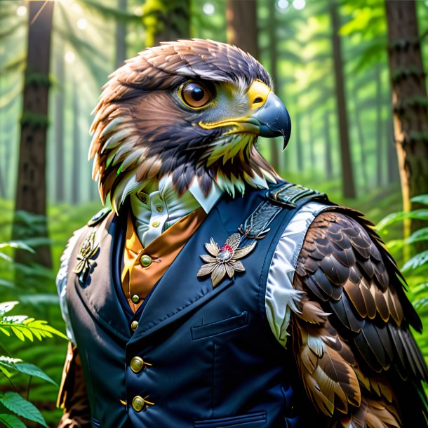 Pic of a hawk in a vest in the forest