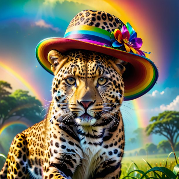 Foto de un leopardo en un sombrero en el arco iris