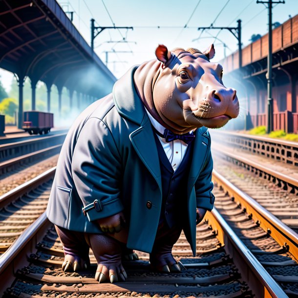 Image of a hippopotamus in a coat on the railway tracks