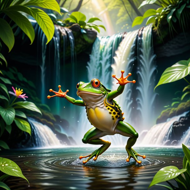 Photo of a dancing of a frog in the waterfall