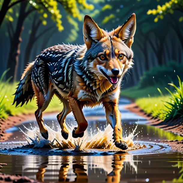 Image of a jumping of a jackal in the puddle