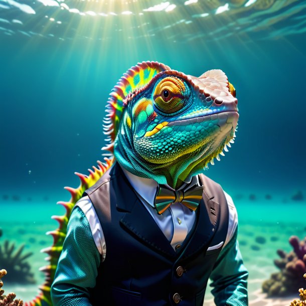 Photo of a chameleon in a vest in the sea