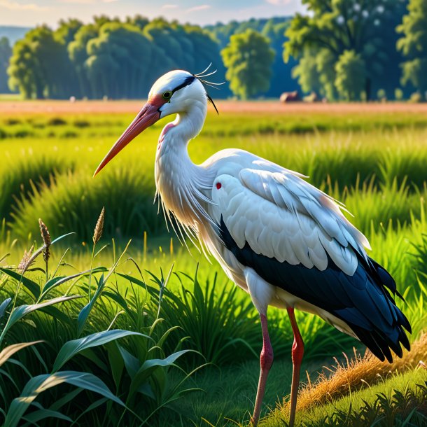 Photo of a waiting of a stork in the meadow