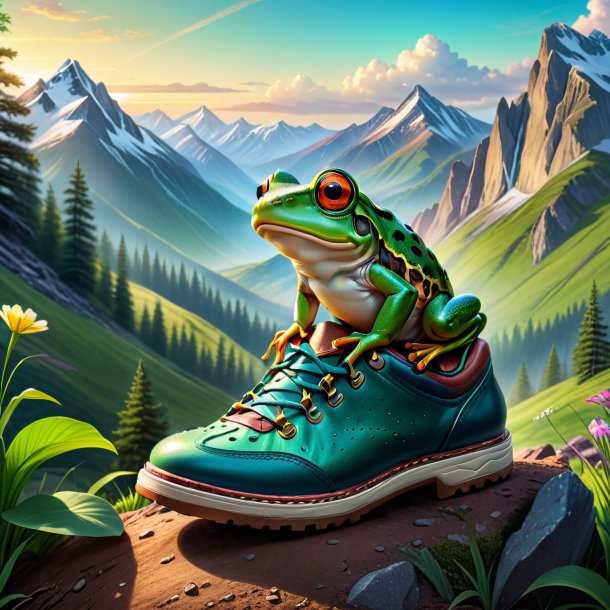 Drawing of a frog in a shoes in the mountains