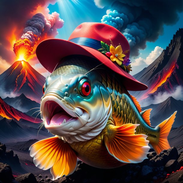 Photo of a carp in a hat in the volcano