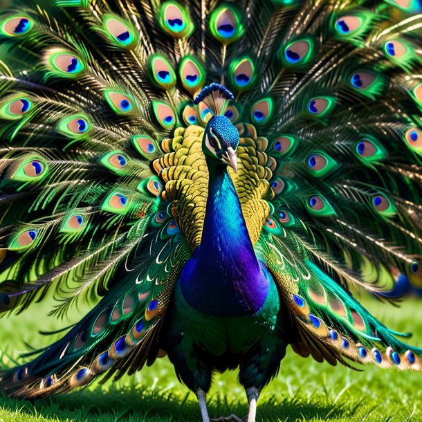 Imagem de um pavão em um cinto no campo