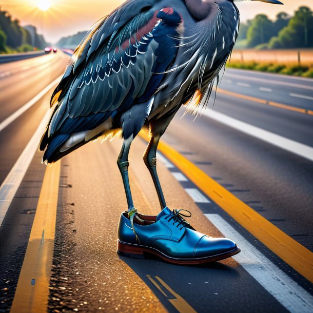 Picture of a heron in a shoes on the highway