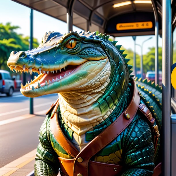 Picture of a crocodile in a belt on the bus stop