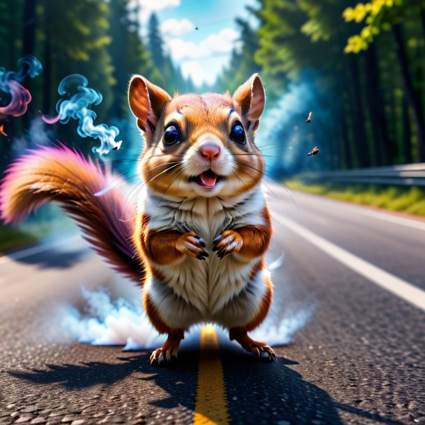 Picture of a smoking of a flying squirrel on the road