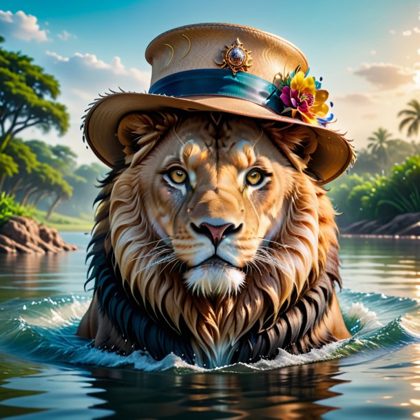 Picture of a lion in a hat in the water