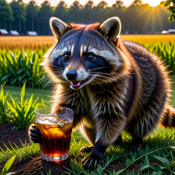 Photo of a drinking of a raccoon on the field