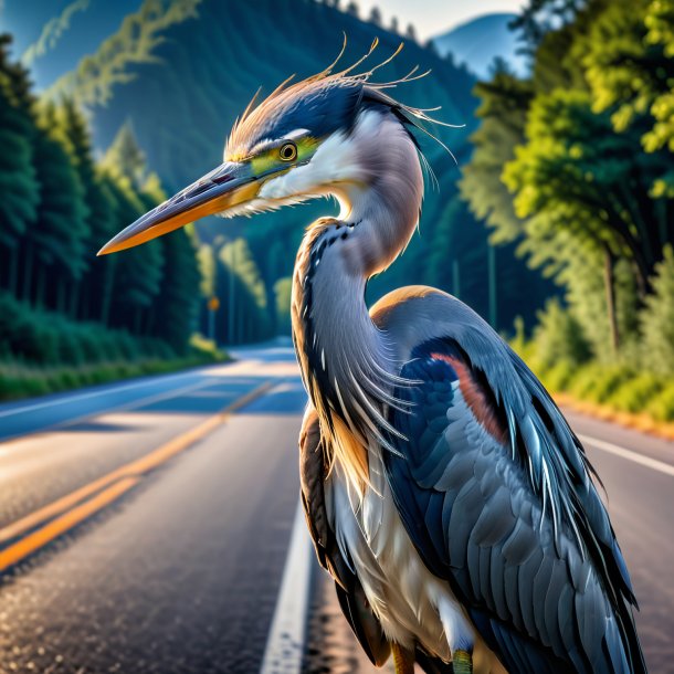 Photo of a heron in a vest on the road