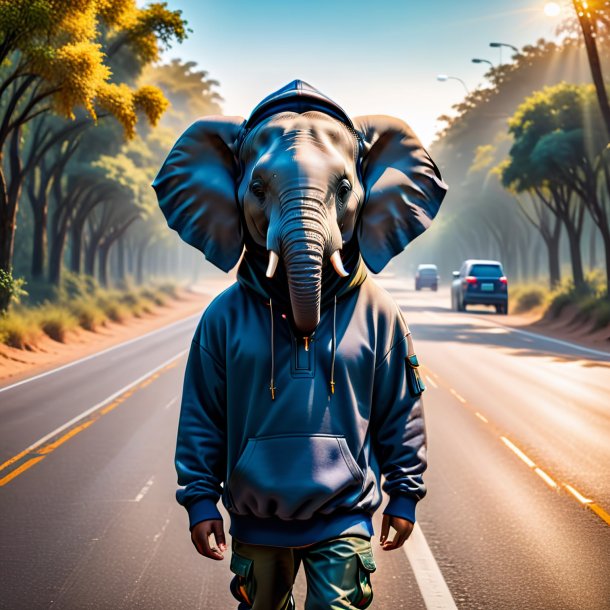 Picture of a elephant in a hoodie on the road