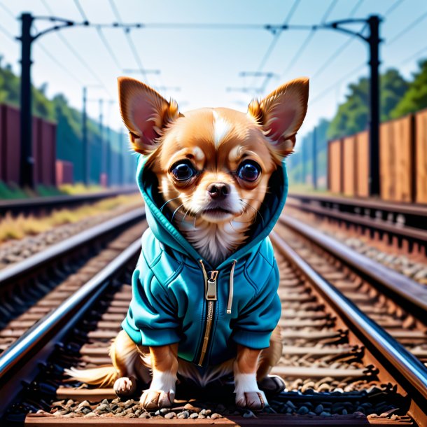 Foto de un chihuahua en una sudadera con capucha en las vías del tren