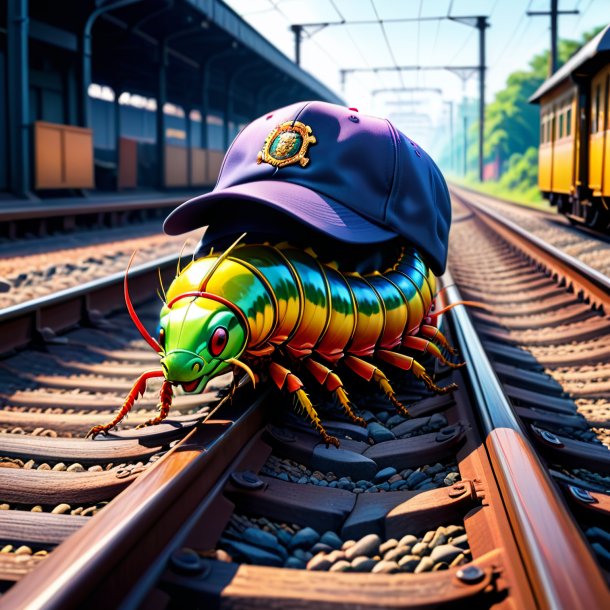 Illustration of a centipede in a cap on the railway tracks