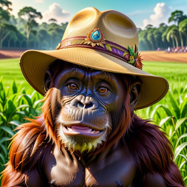 Dibujo del orangután en el sombrero en el campo