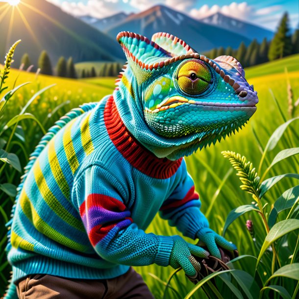 Photo of a chameleon in a sweater in the meadow