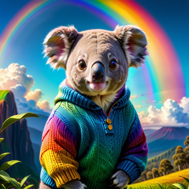 Foto de un koala en un suéter en el arco iris