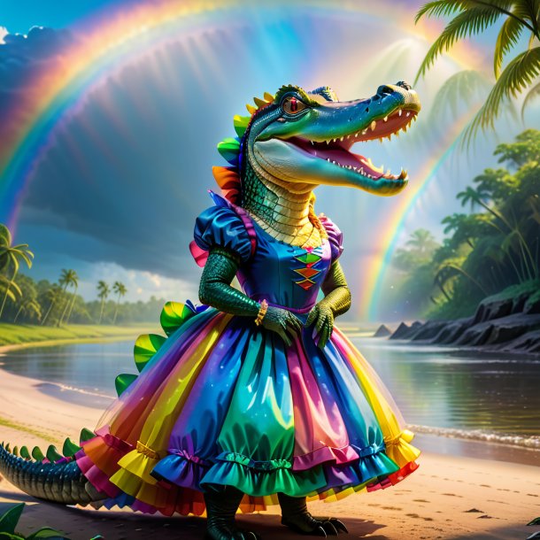 Pic of a alligator in a dress on the rainbow