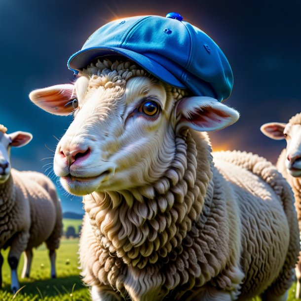 Picture of a sheep in a blue cap