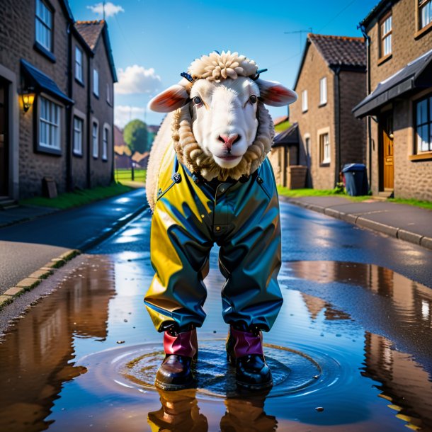 Image of a sheep in a trousers in the puddle