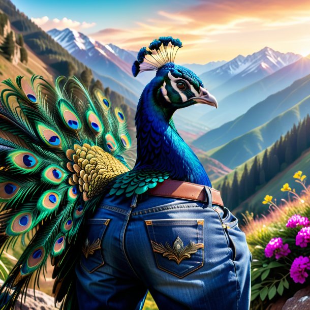 Foto de un pavo real en jeans en las montañas