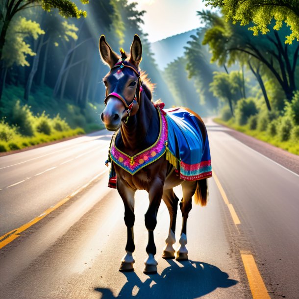 Picture of a mule in a dress on the road