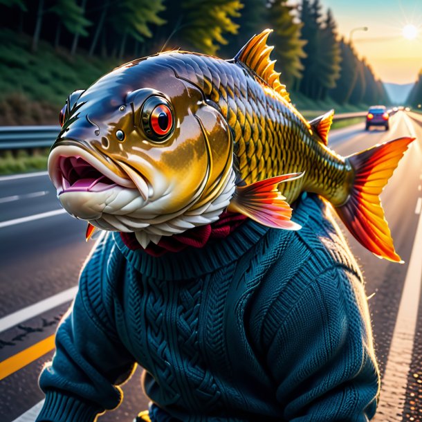 Imagen de una carpa en un suéter en la carretera