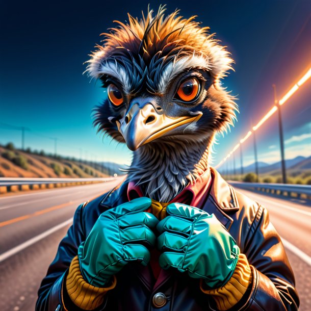 Dessin d'un emu dans un gants sur l'autoroute