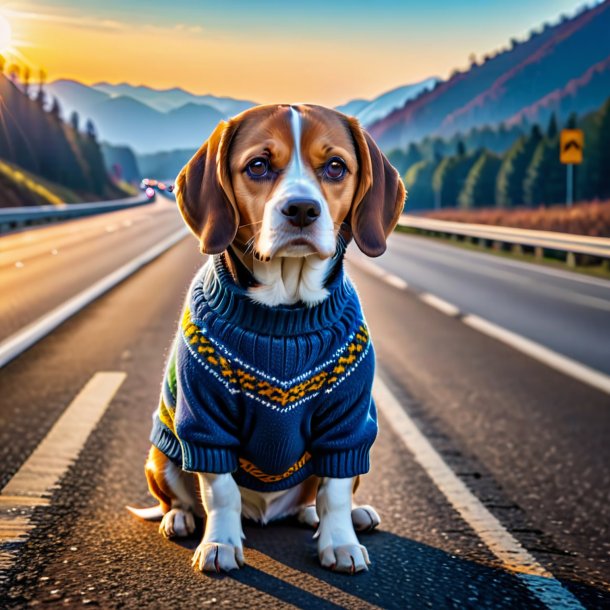 Foto de un beagle en un suéter en la carretera