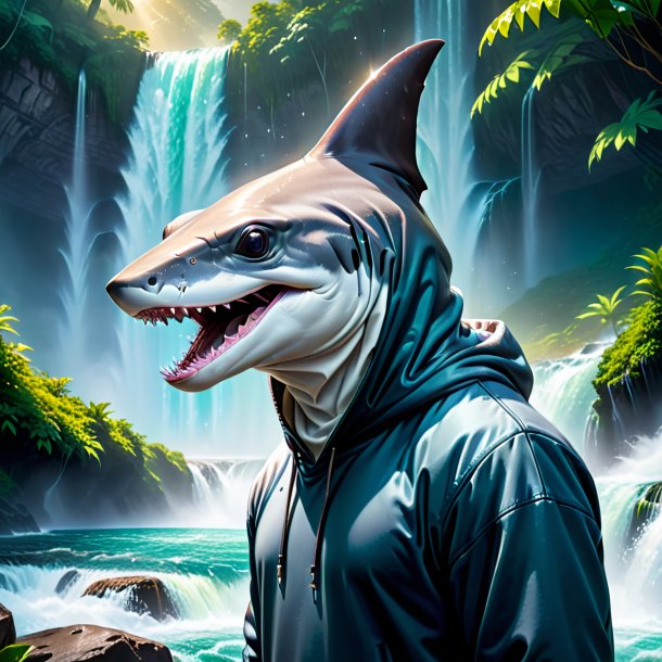 Image of a hammerhead shark in a hoodie in the waterfall