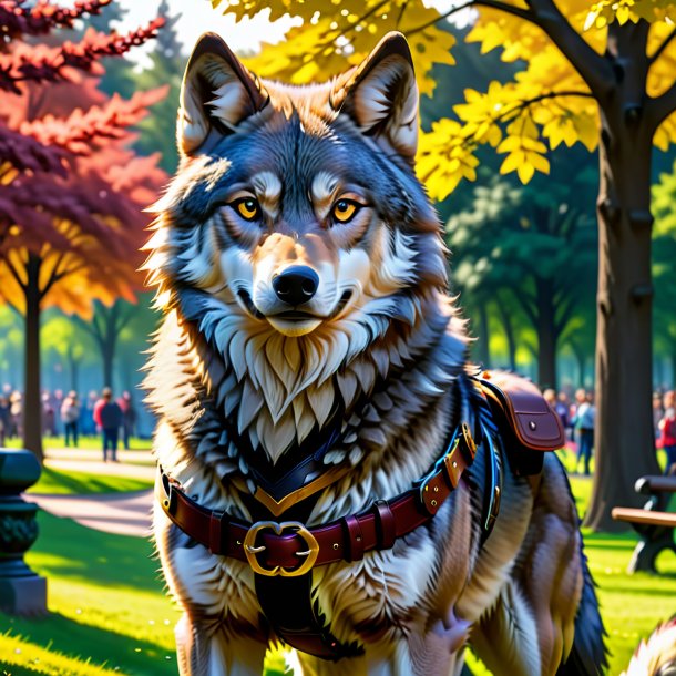 Pic of a wolf in a belt in the park