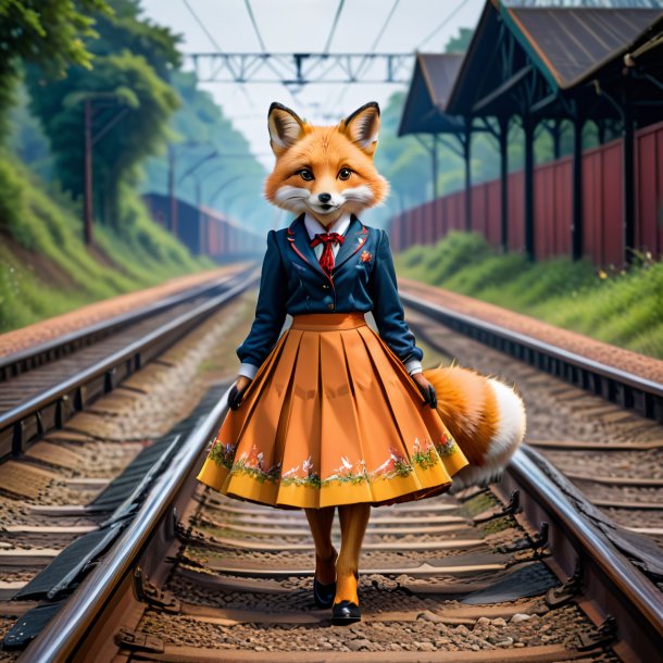 Image of a fox in a skirt on the railway tracks