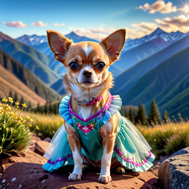 Pic of a chihuahua in a dress in the mountains