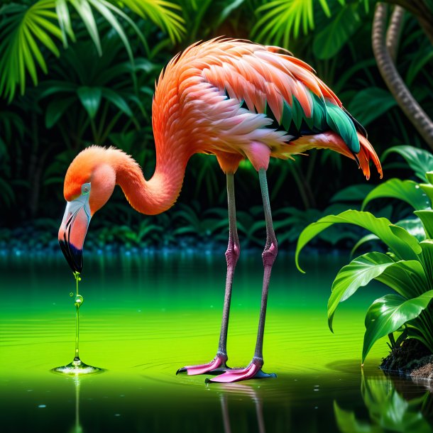 Image of a green drinking flamingo