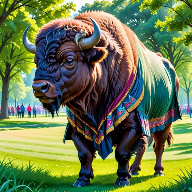 Drawing of a bison in a skirt in the park