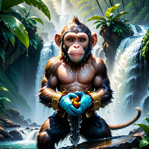 Image of a monkey in a gloves in the waterfall