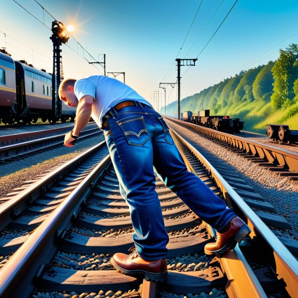 Picture of a haddock in a jeans on the railway tracks