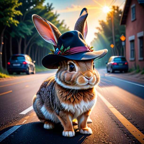 Image d'un lapin dans un chapeau sur la route