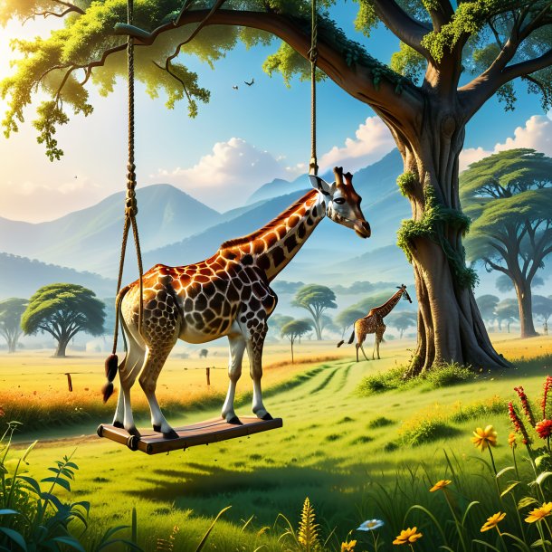 Picture of a swinging on a swing of a giraffe in the meadow