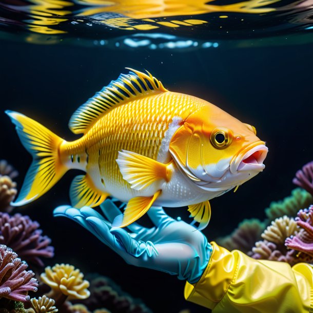 Photo d'un poisson dans un gants jaune