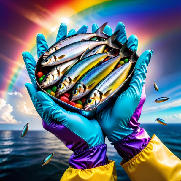 Photo d'une sardine dans un gants sur l'arc-en-ciel