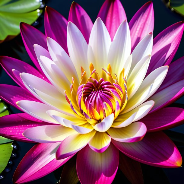 "portrayal of a magenta water lily, white"