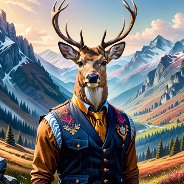 Drawing of a deer in a vest in the mountains