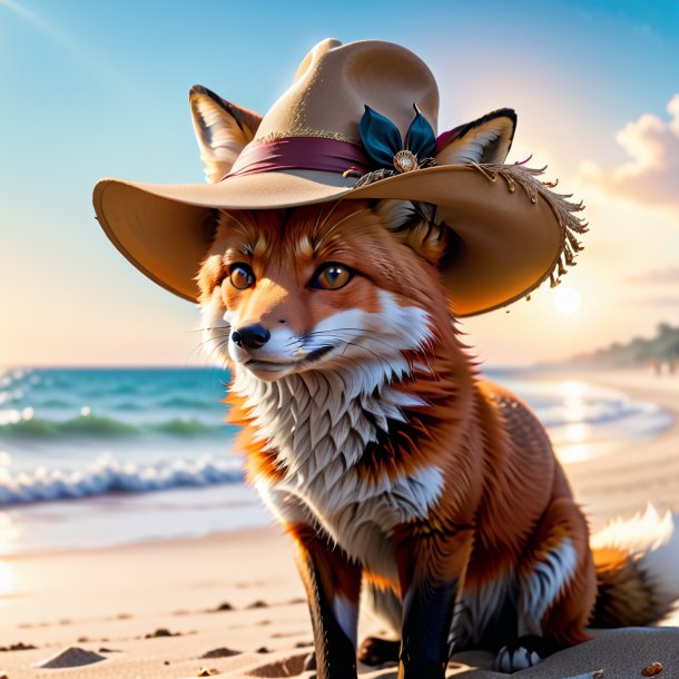 Picture of a fox in a hat on the beach